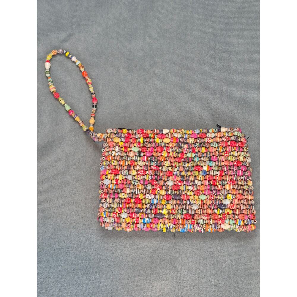Handmade Beaded Recycled Rolled Paper Clutch Purse Zip Close
